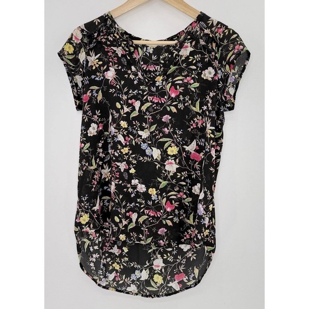 Pleione Split V-Neck Floral Chiffon Blouse ‎ XS Cap Sleeve Preppy Boho Office